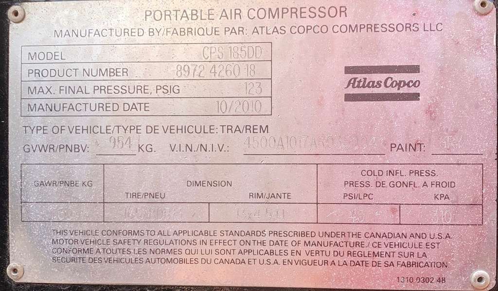 Used Atlas Copco 185cfm Diesel Air Compressor