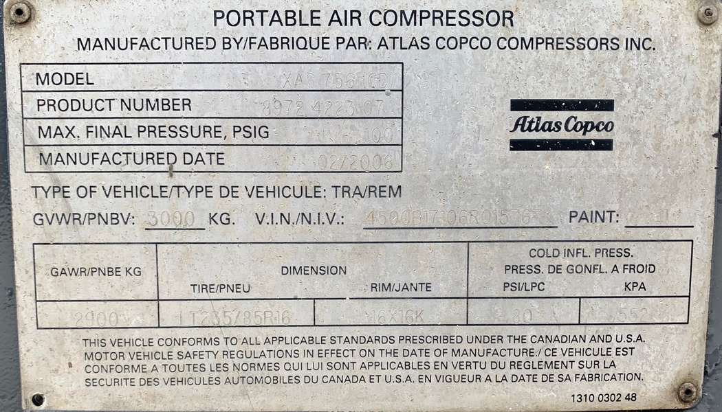 Used Atlas Copco XAS756 Diesel Air Compressor