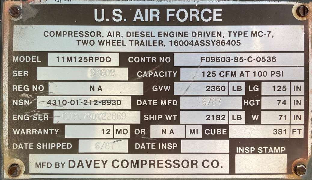 Used U.S. Military 125cfm Diesel Air Compressor