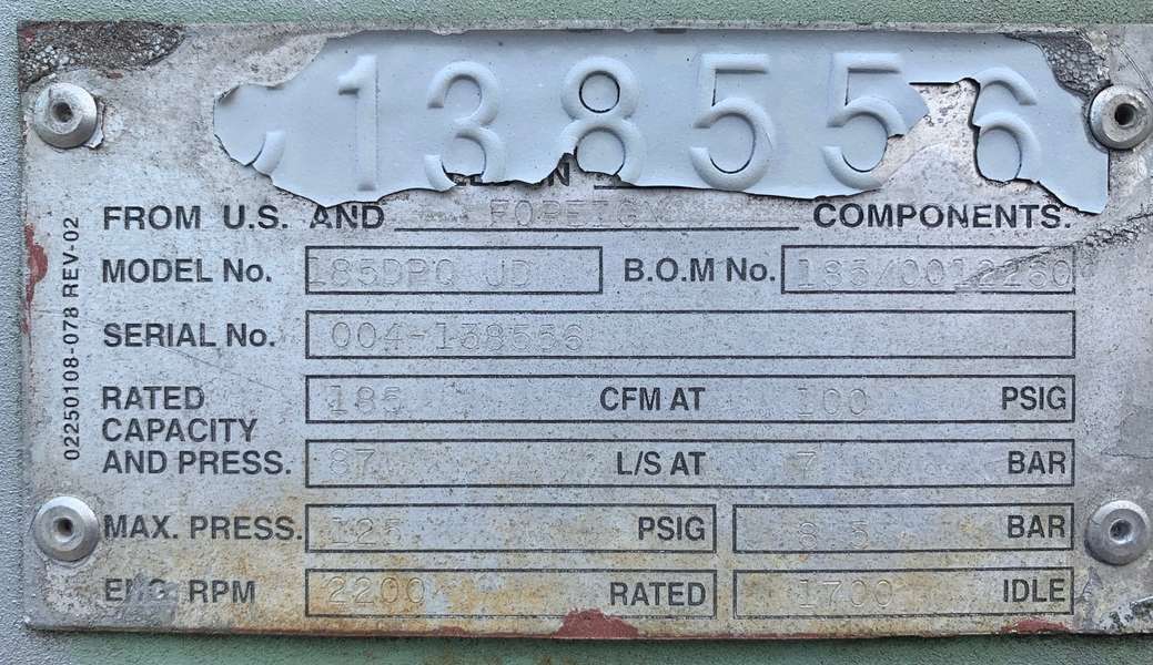 Like New Sullair 185cfm Diesel Air Compressor