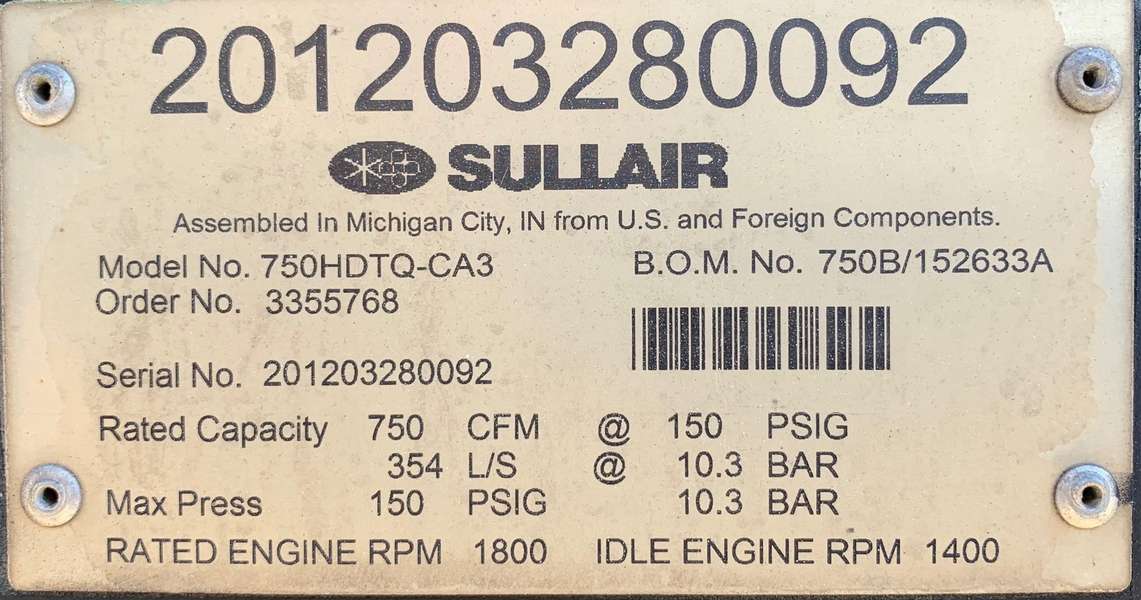 Used Sullair 750HDTQ-CA3 Diesel Air Compressor