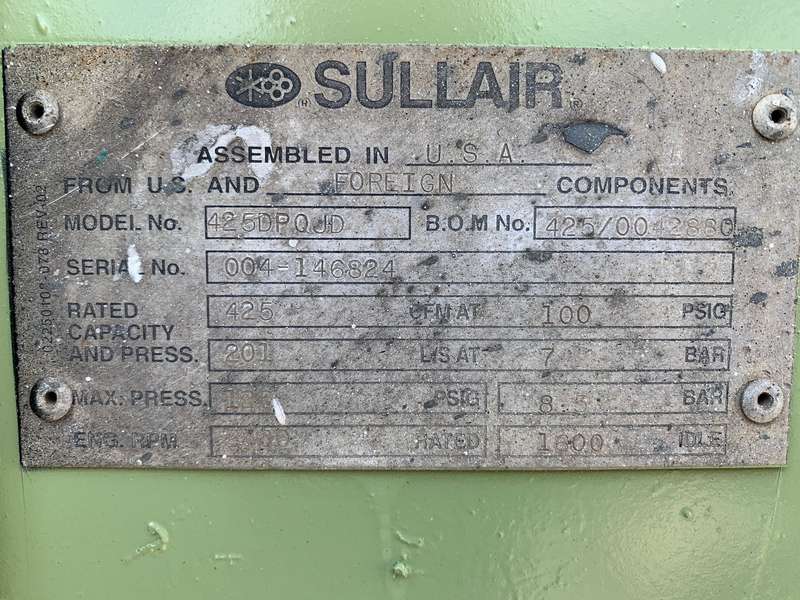 Used Sullair 425DPQJD Diesel Air Compressor
