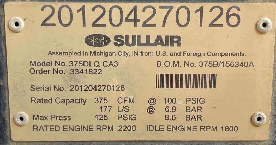 Used Sullair 375 Diesel Air Compressor
