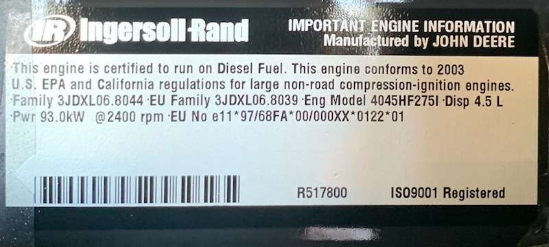 Used Ingersoll Rand XP375WIR Diesel Air Compressor
