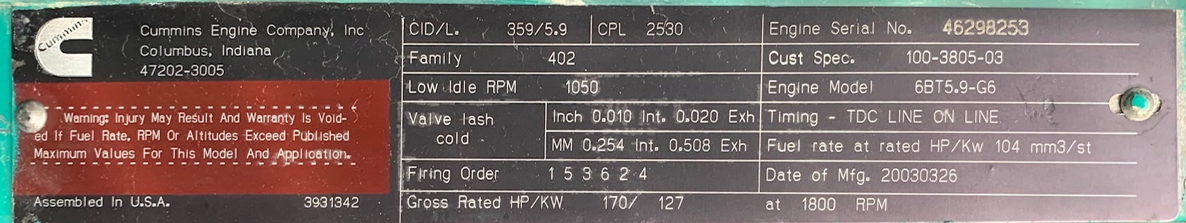 Used Cummins 6BT5.9-G6 Diesel Engine