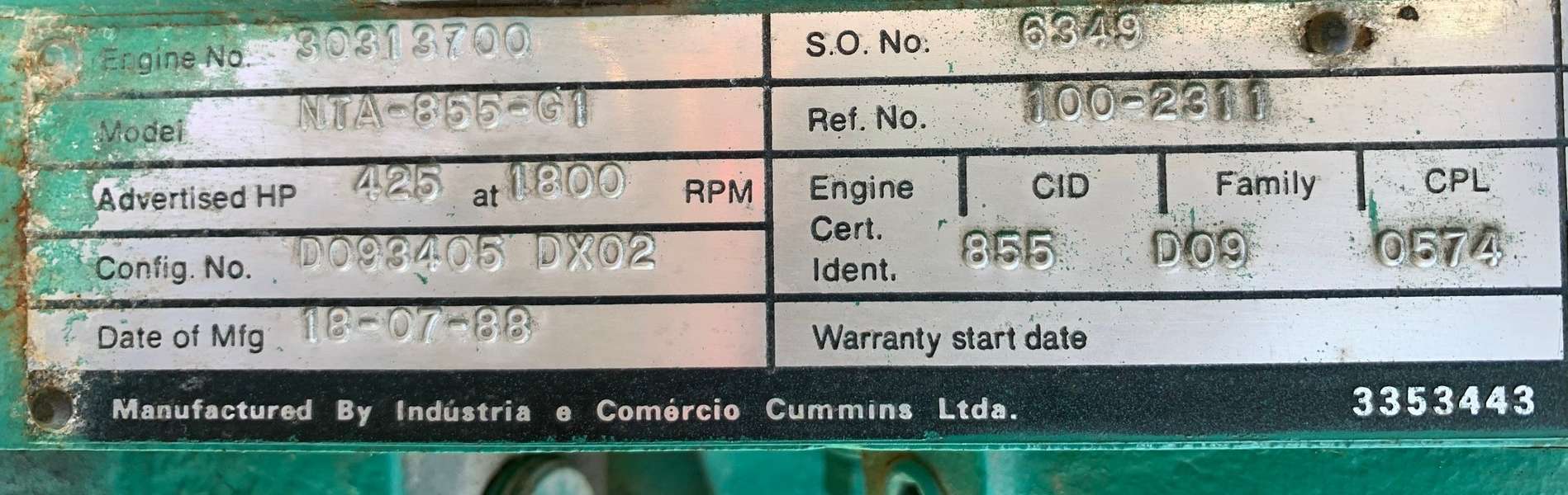 Low Hour Cummins NTA-855-G1 Diesel Engine