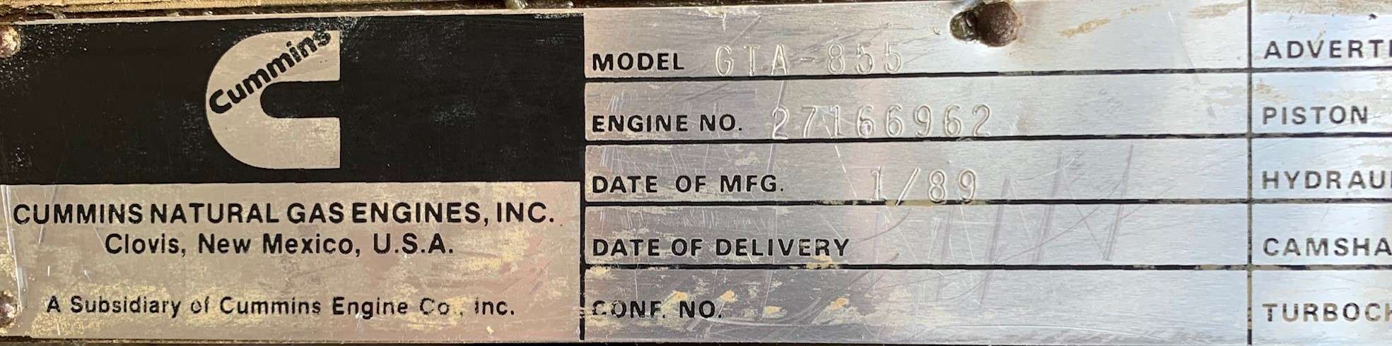 Used Cummins GTA855 Gas Engine