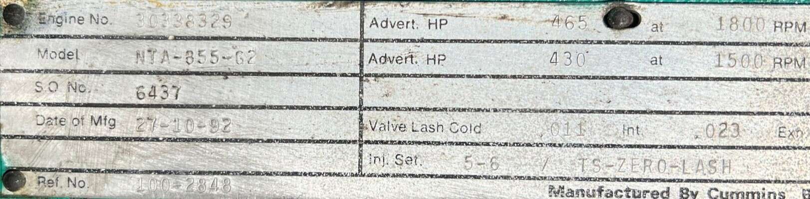 Low Hours Cummins NTA-855-G2 Diesel Engine