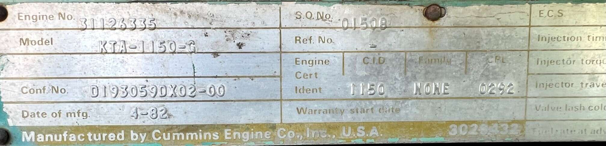 Used Cummins KTA1150G Diesel Engine