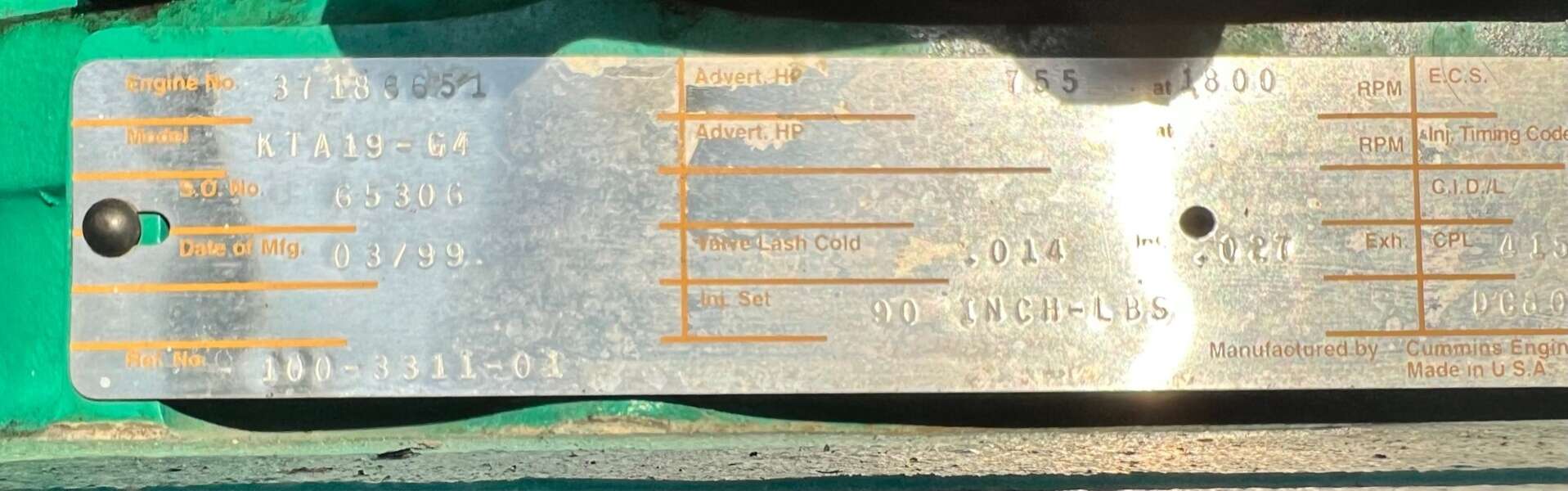 Like New Cummins KTA19G4 Diesel Engine