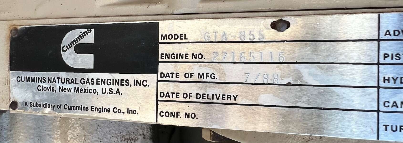 Used Cummins GTA855 Gas Engine