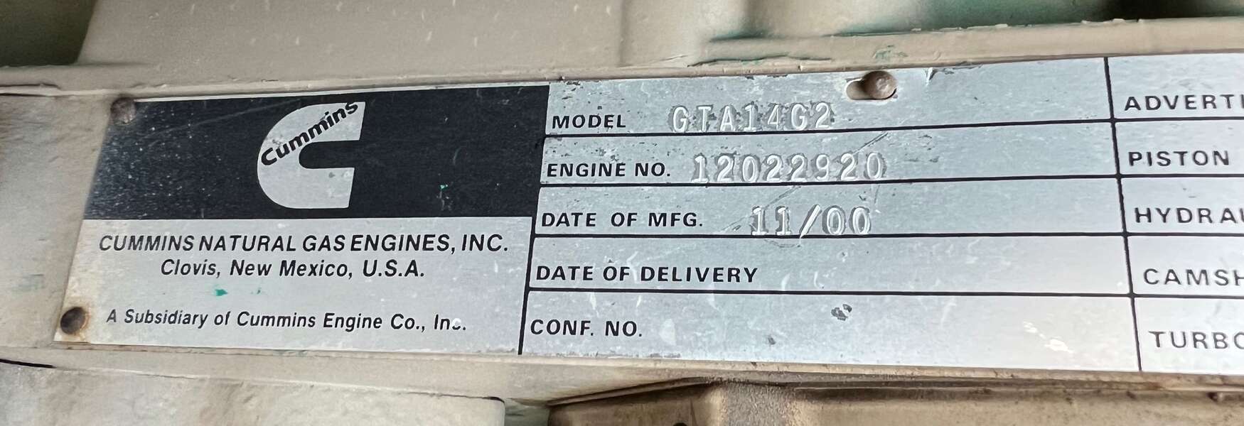 Low Hours Cummins GTA14 Gas Engine