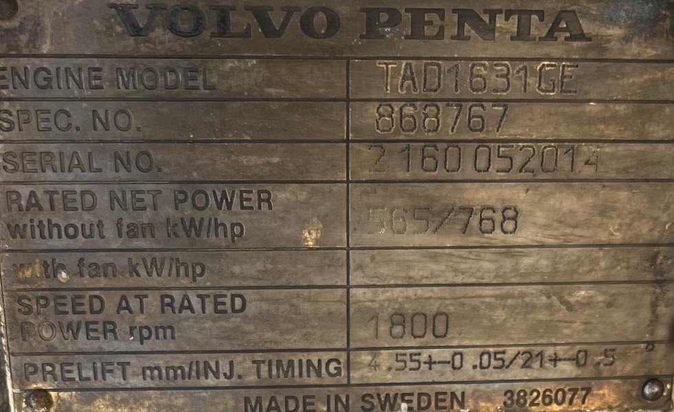 Low hours Volvo Penta TAD1631 GE Diesel Engine