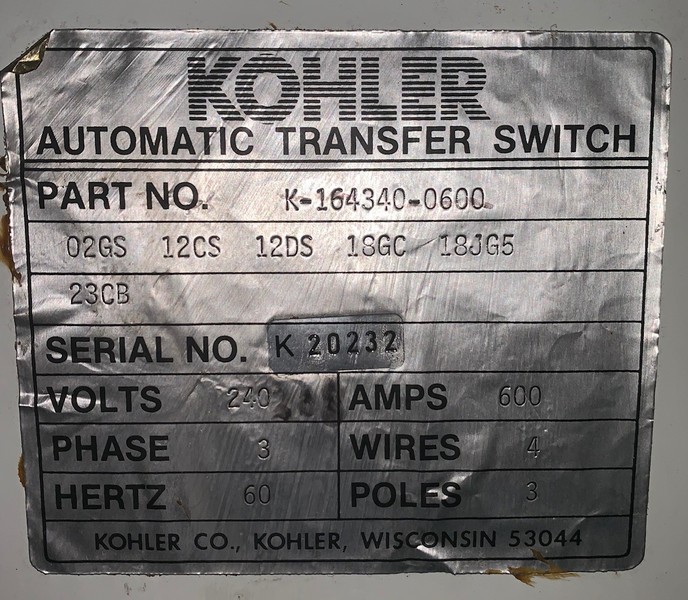 Used Kohler 600Amp 240V Automatic Transfer Switch