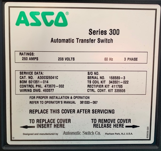 Used ASCO 260AMP 208V Automatic Transfer Switch