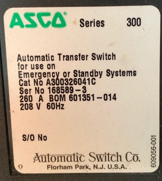 Used ASCO 260AMP 208V Automatic Transfer Switch