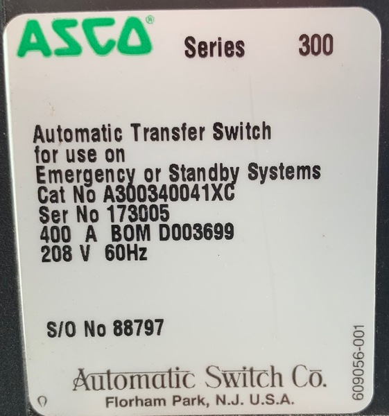 Used ASCO 400AMP 208V Automatic Transfer Switch