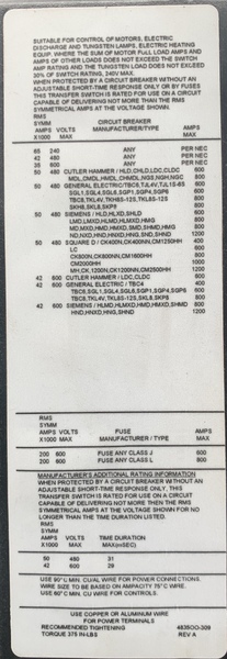 Used ASCO 600AMP 480V Automatic Transfer Switch