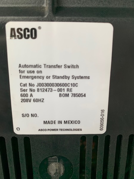 Used ASCO 600amp 208V Automatic Transfer Switch