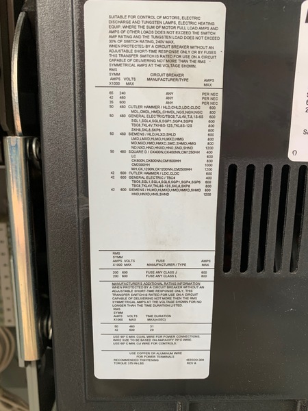 Used ASCO 600amp 208V Automatic Transfer Switch