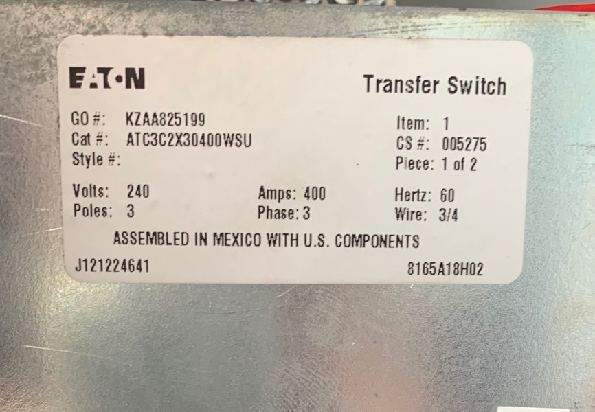 Used EATON 400amp 240V Automatic Transfer Switch
