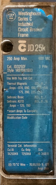 Used Westinghouse 250amp Circuit Breaker