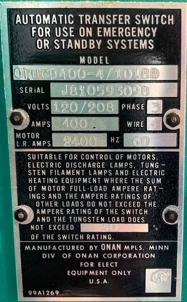 Used Onan 400amp 208V Automatic Transfer Switch