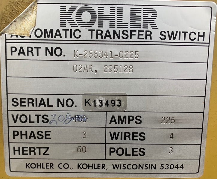 Used Kohler 225amp 208V Automatic Transfer Switch