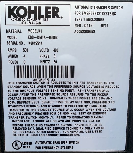 Used Kohler 600amp 480V Automatic Transfer Switch K3019514