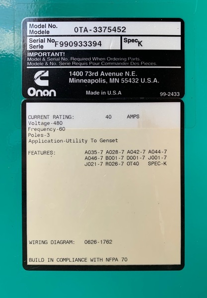 Used Cummins 40amp 480V Automatic Transfer Switch