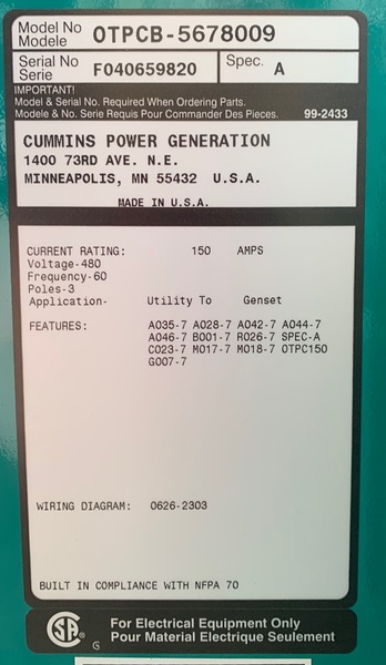 Used Cummins 150amp 480V Automatic Transfer Switch