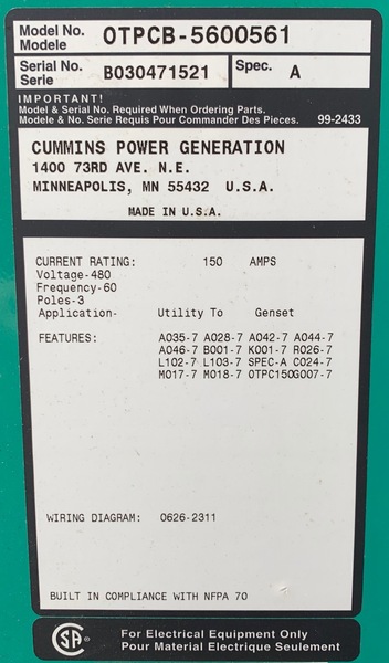 Used Cummins 150amp 480V Automatic Transfer Switch