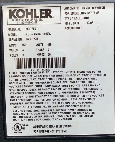 Used Kohler 150amp 480V Automatic Transfer Switch