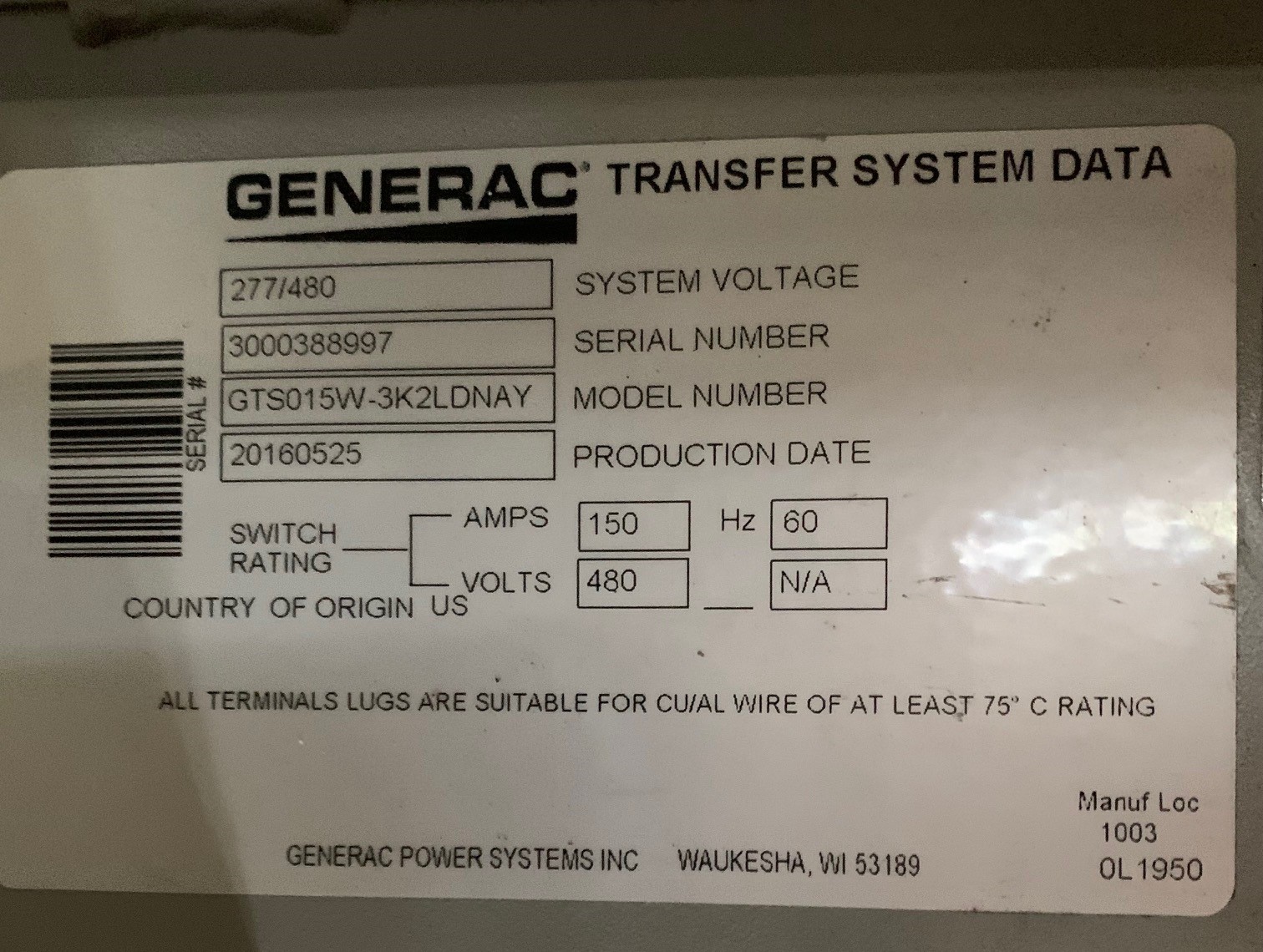 Generac 150amp 277/480V Automatic Transfer Switch 3000388997
