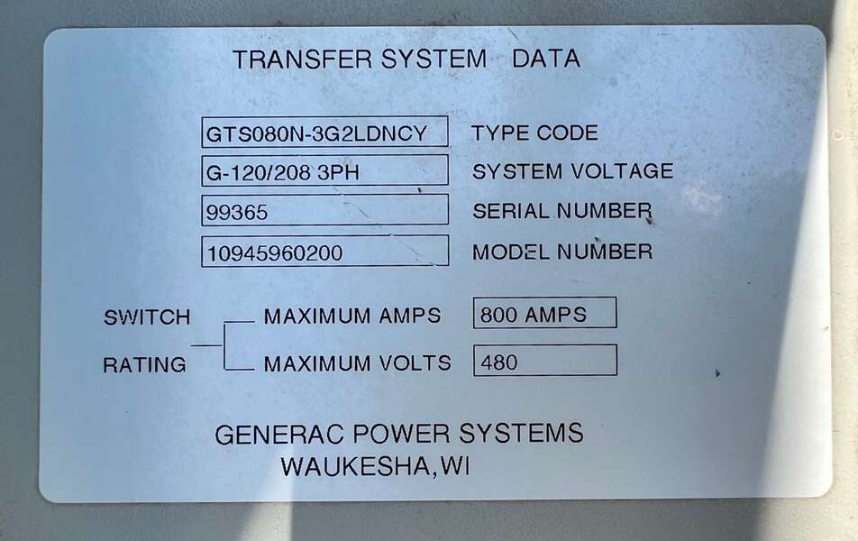 Used Generac 800AMP 120/208V Automatic Transfer Switch