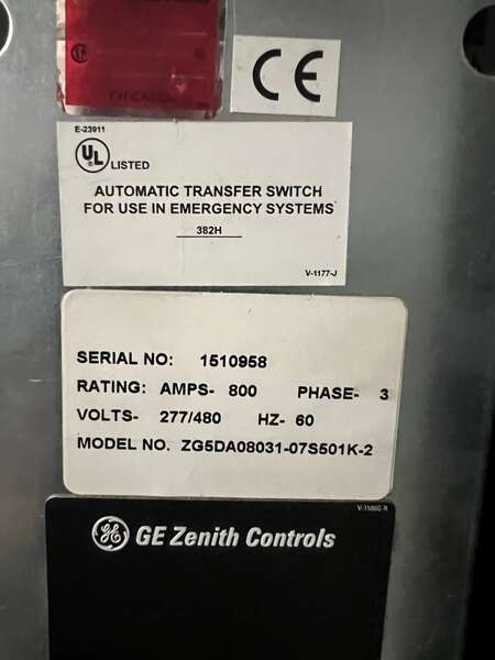 Used Kohler 800AMP 480V Automatic Transfer Switch