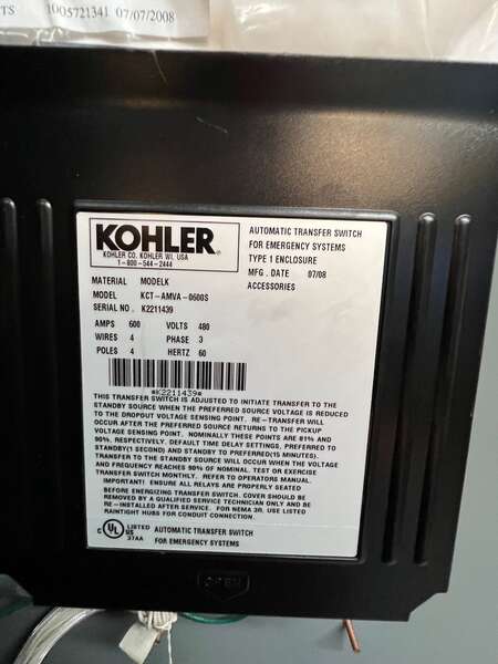 Used Kohler 600amp 480V Automatic Transfer Switch