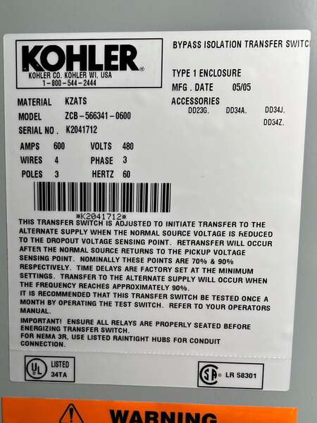 Used Kohler 600amp 480V Automatic Transfer Switch