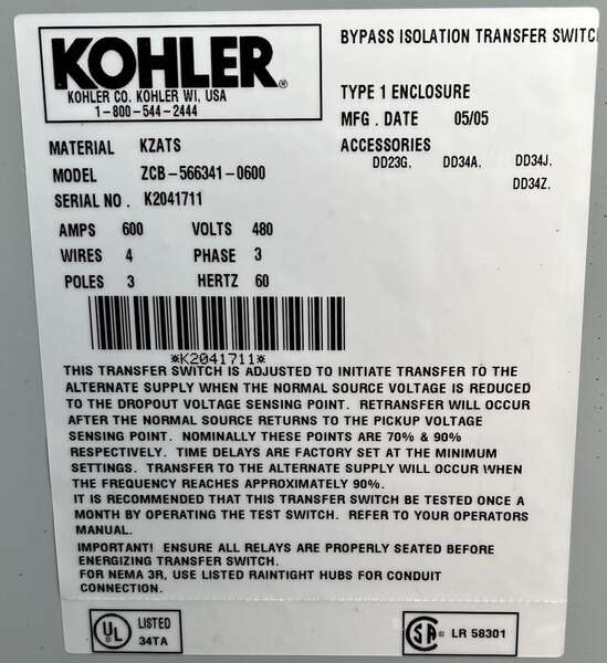 Used Kohler 600amp 480V Automatic Transfer Switch