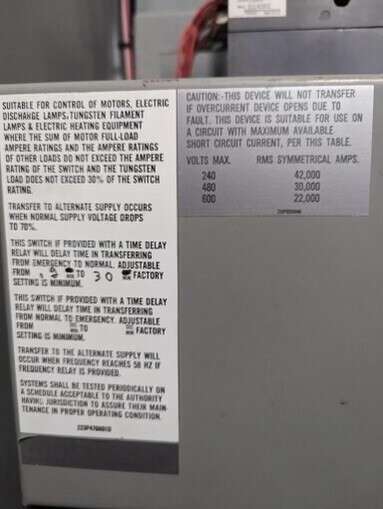 Used Caterpillar Westinghouse 1000amp 208V Service Entrance Rated Automatic Transfer Switch