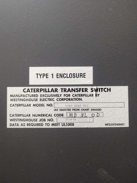 Used Caterpillar Westinghouse 1000amp 208V Service Entrance Rated Automatic Transfer Switch