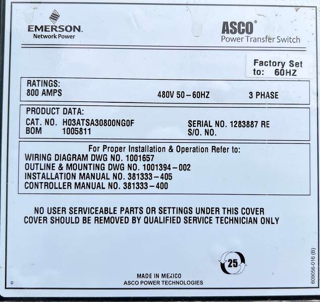 Used ASCO 800AMP 480V Disconnect Automatic Transfer Switch