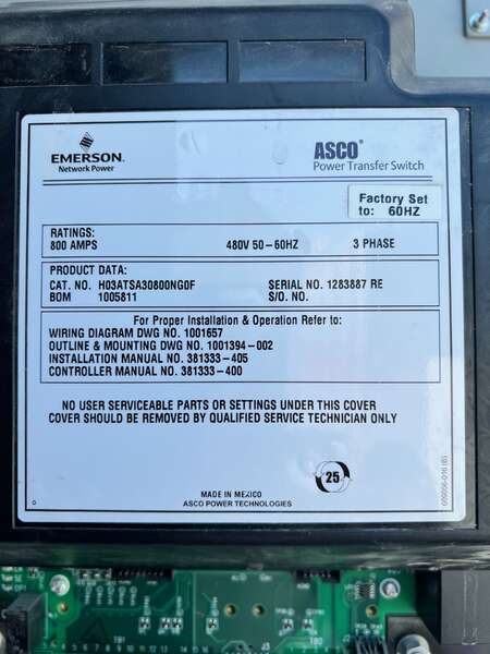 Used ASCO 800amp 480V Automatic Transfer Switch
