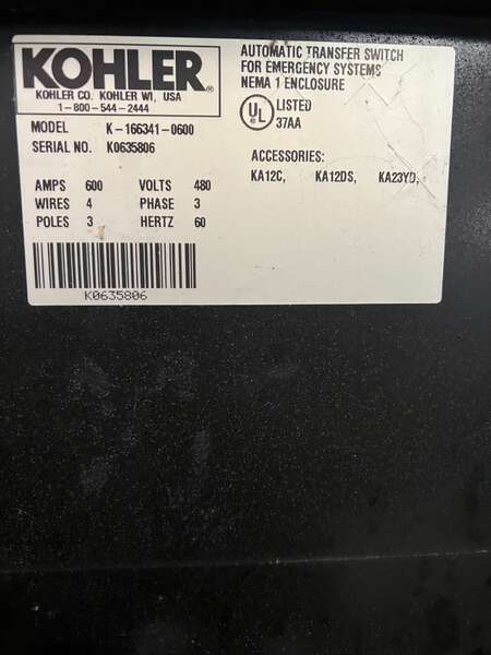 Used Kohler/ASCO 600amp 480V Automatic Transfer Switch