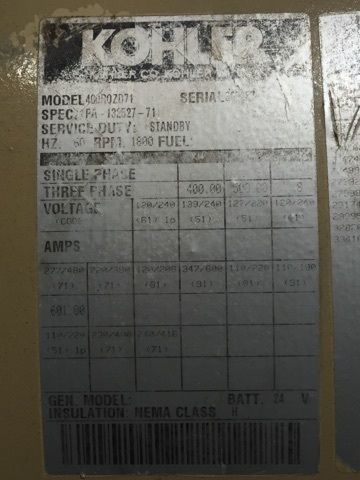  Kohler 400kW Diesel Generator