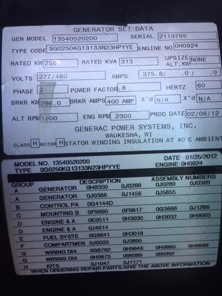 New Surplus Generac 250kW Natural Gas Gas Generator