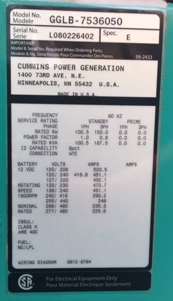  Cummins Onan 150KW Gas Generator