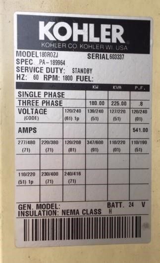 Used Kohler 180kw Generator End