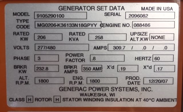 Low hours Generac SG200 Gas Generator
