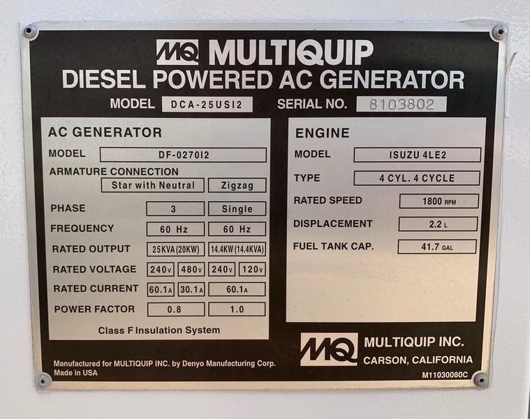 Used Multiquip Whisperwatt Dca 25usi2 Diesel Generator